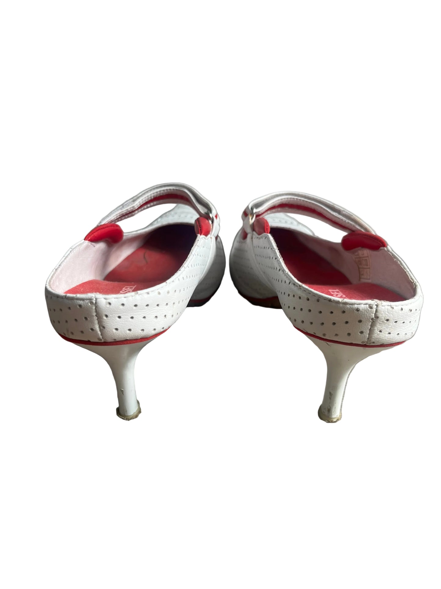 Two white and red ceramic planters with handles on a white background.