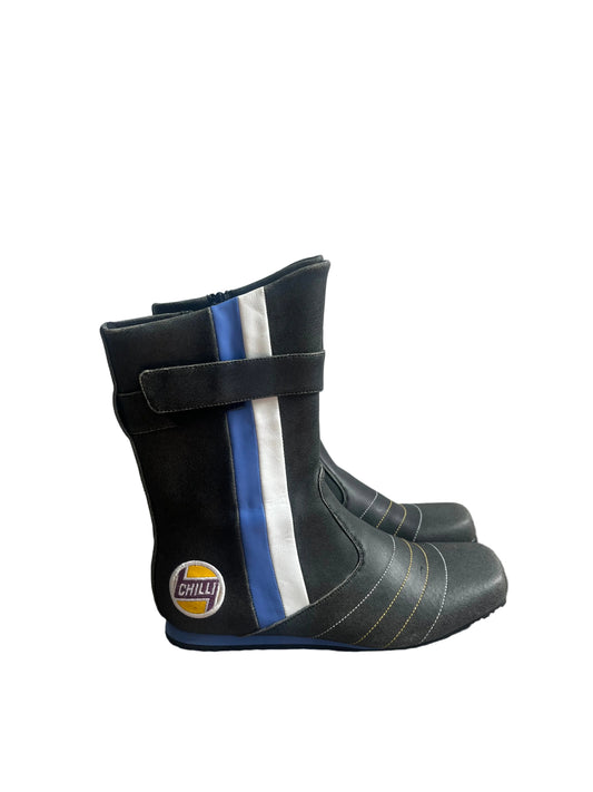 Black rubber boot with a blue stripe on a white background