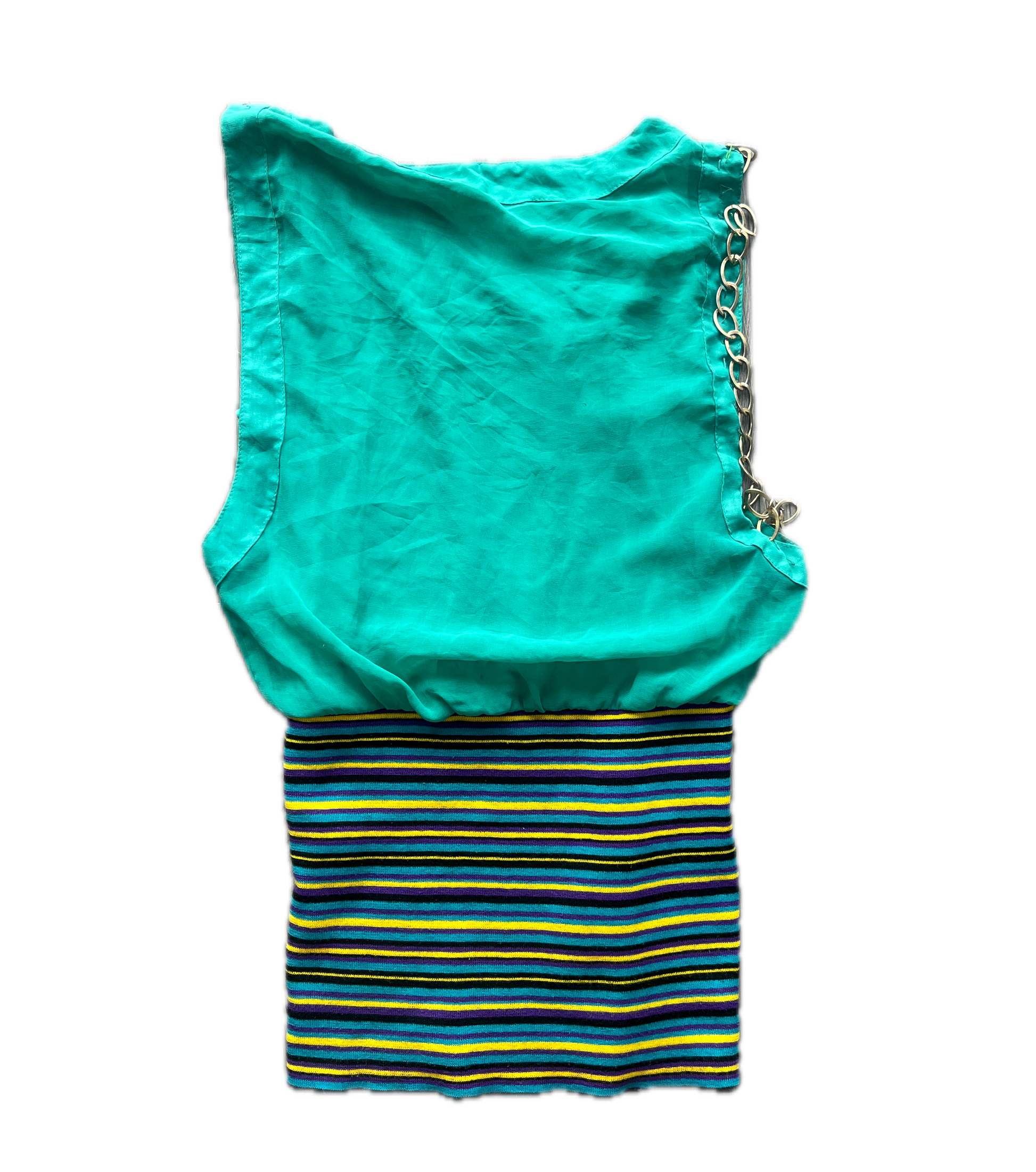 Turquoise top with chain detail and striped pouch on a white background
