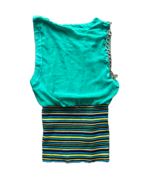 Turquoise top with chain detail and striped pouch on a white background